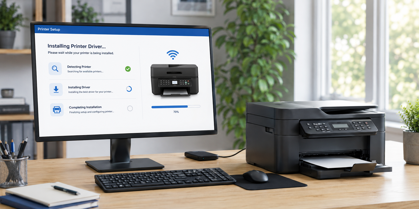Computer installing a printer driver for a connected printer