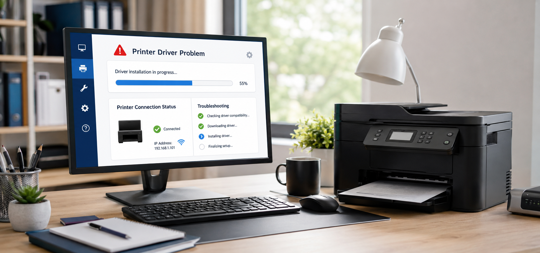 Printer driver troubleshooting screen with a connected printer