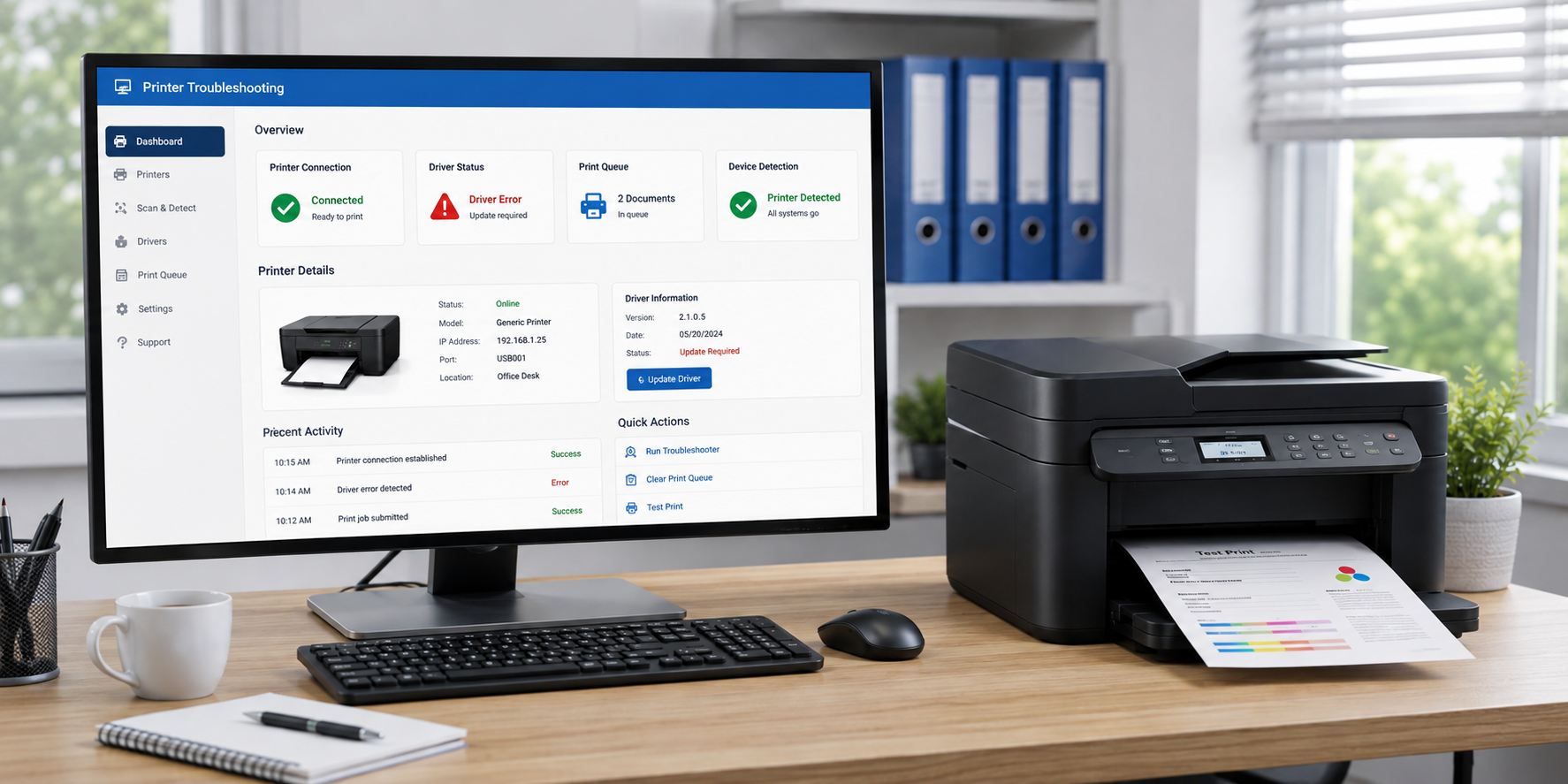 Printer driver troubleshooting and connection status on a computer